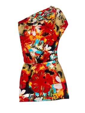 Vintage Cache One-Shoulder Red Orange Aqua Floral Dress